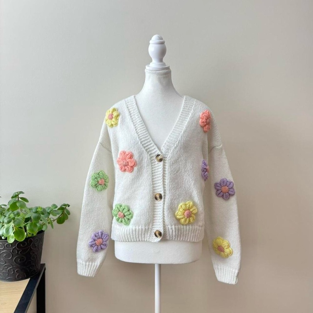 White Cardigan with Colorful Floral Accents